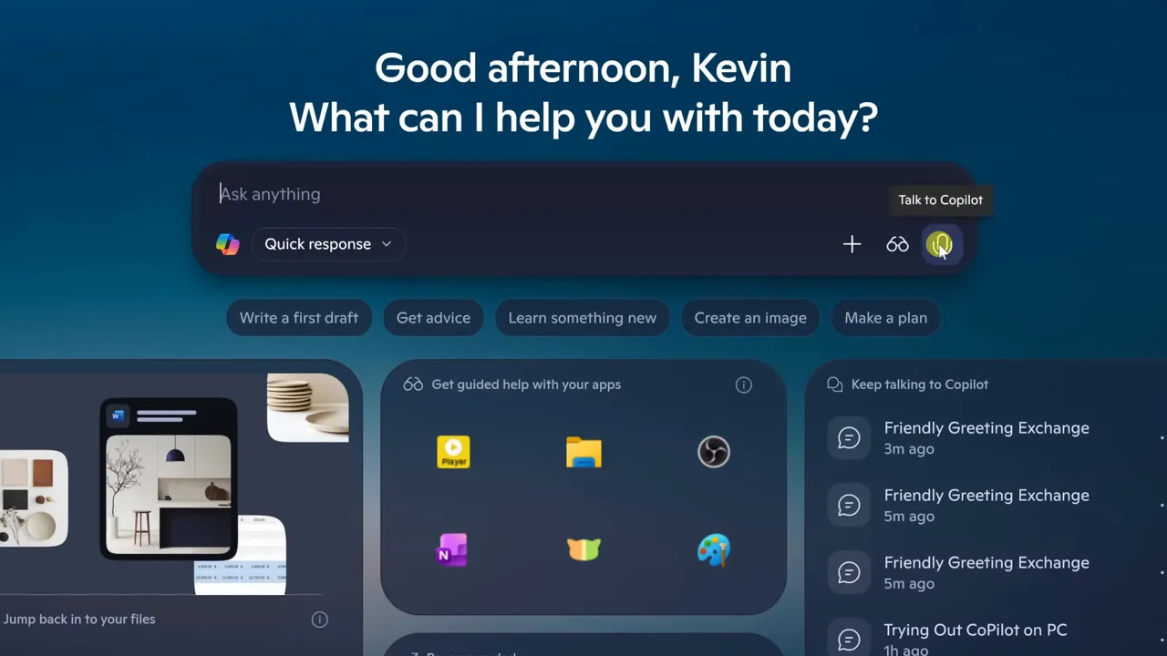 Open Copilot app showing microphone icon for voice mode