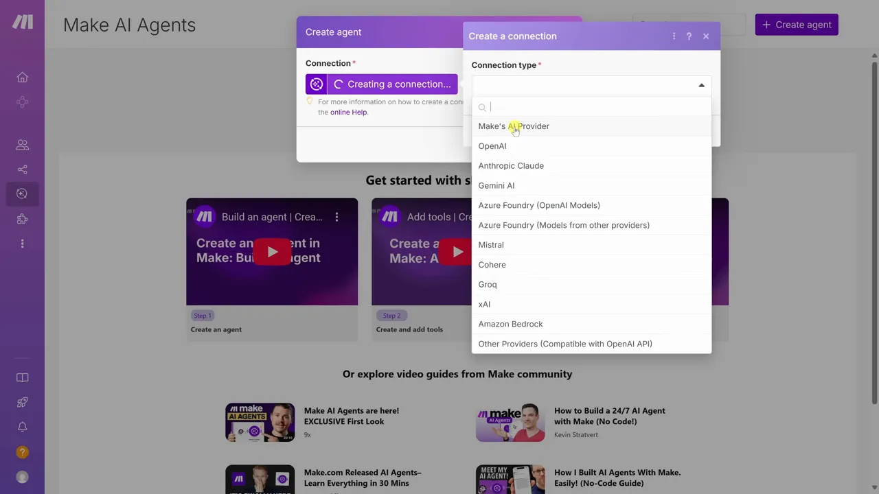 Create AI agent: provider and model selection