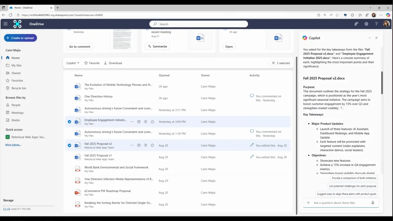 Copilot generating analysis and key takeaways from selected files