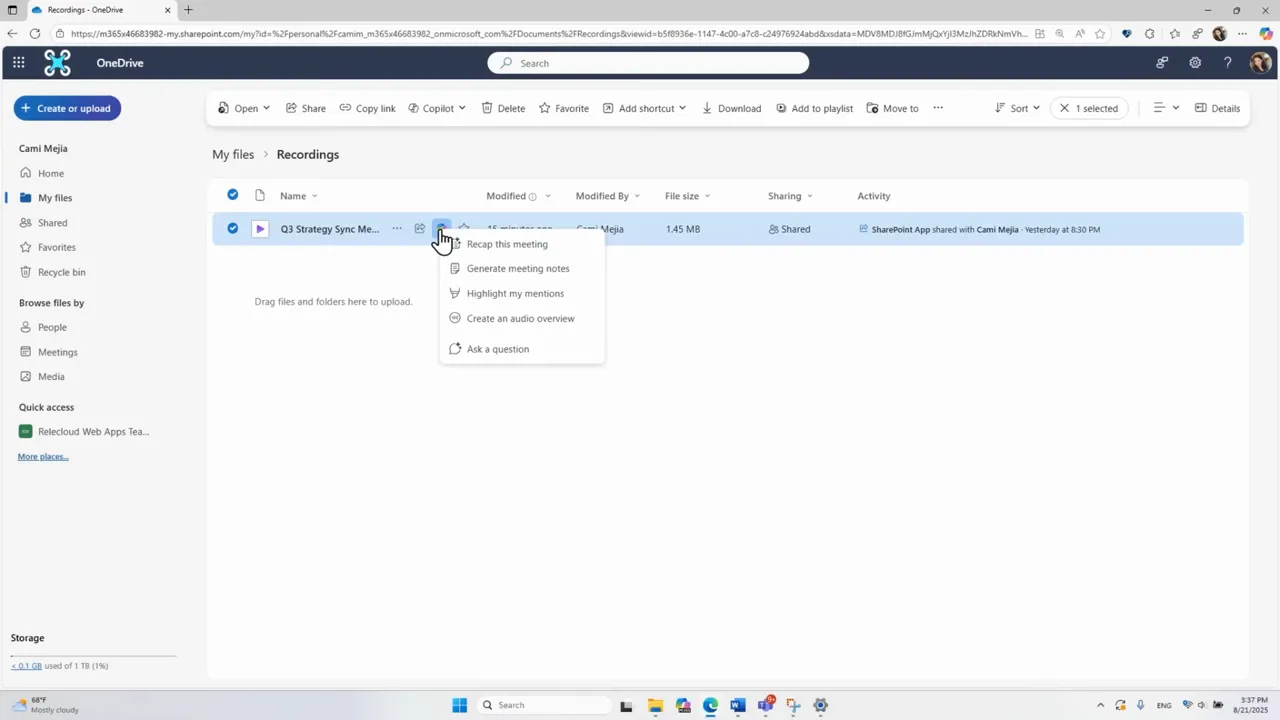 Copilot generating a recap of a meeting recording
