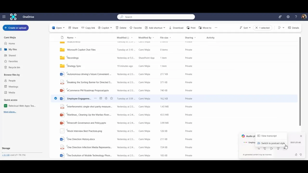 Web interface option to create a podcast-style audio overview