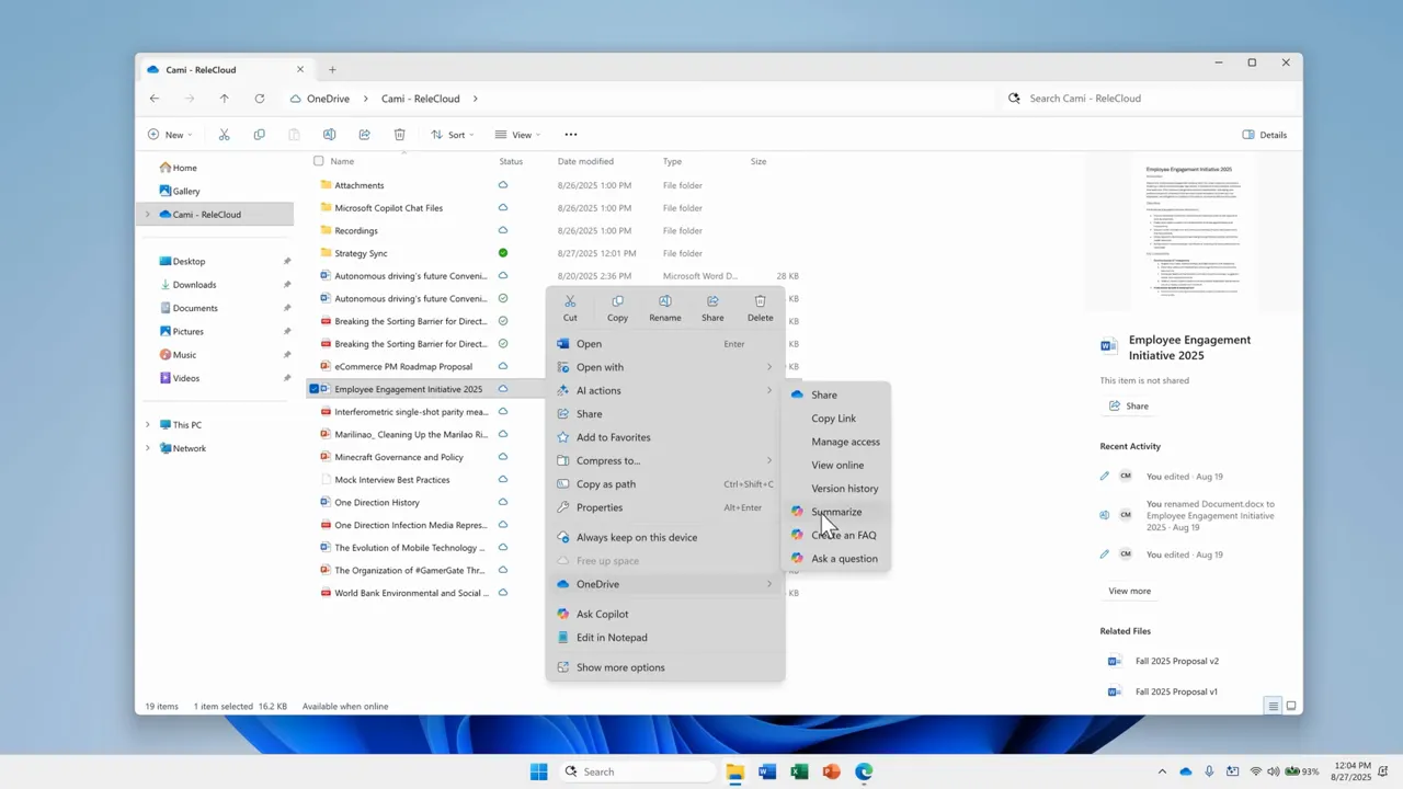 Right-click OneDrive file showing Copilot options in File Explorer