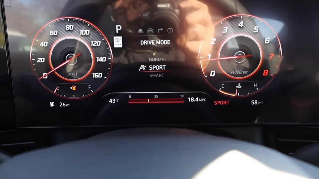Digital instrument cluster of the 2026 Hyundai Elantra N-Line displaying speedometer, tachometer and 'Drive Mode - Sport' selection.