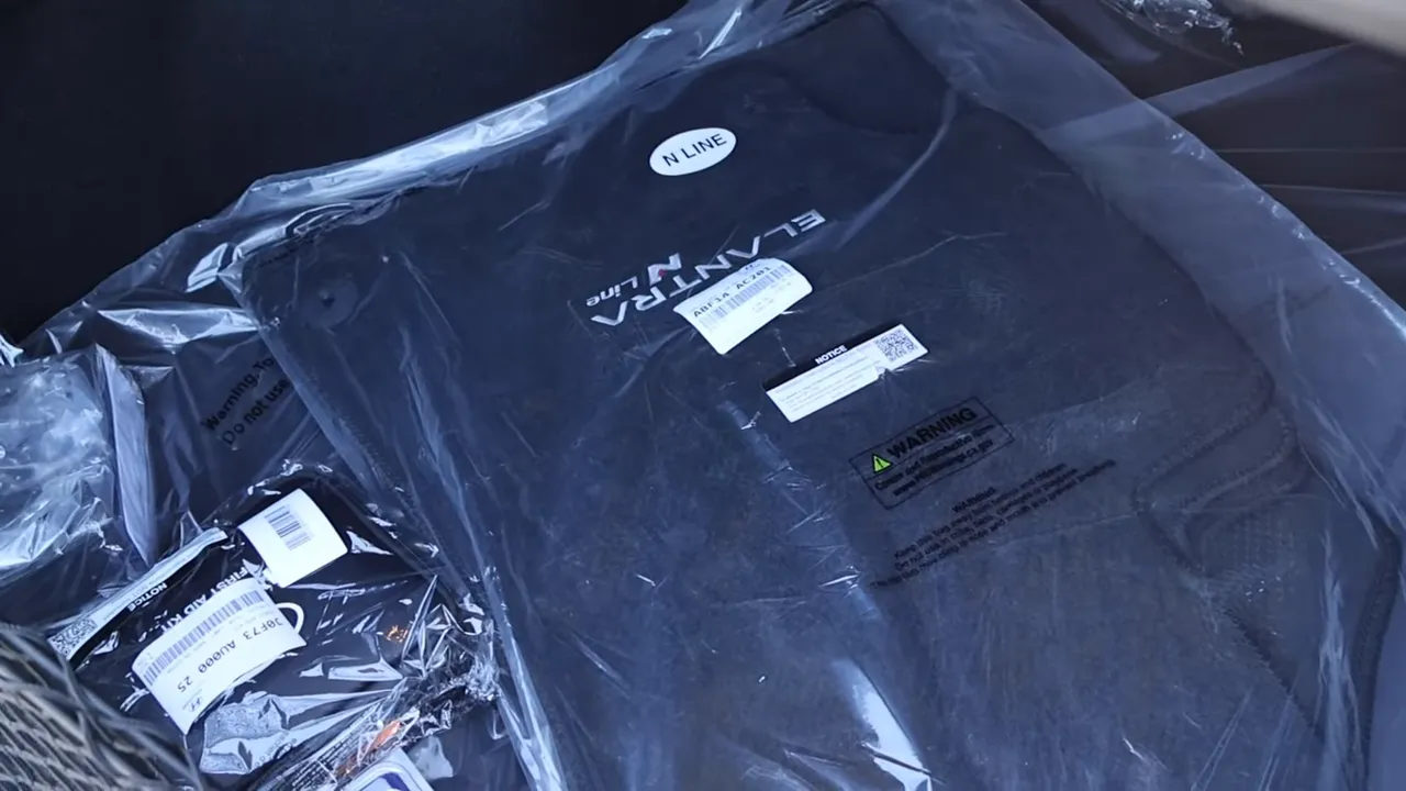 Close-up of Hyundai Elantra N-Line floor mats in plastic in the trunk