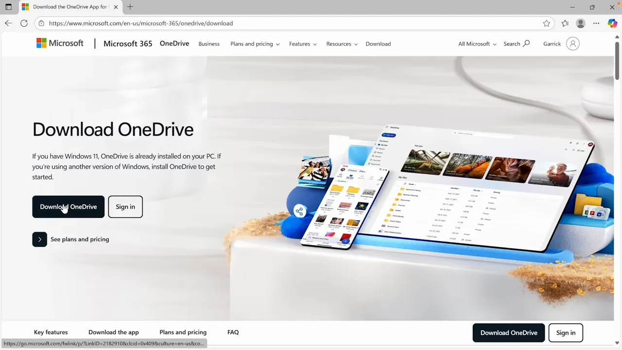 OneDrive download page with platform choices