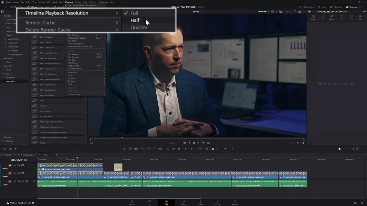 Timeline playback resolution menu showing Full, Half, Quarter options