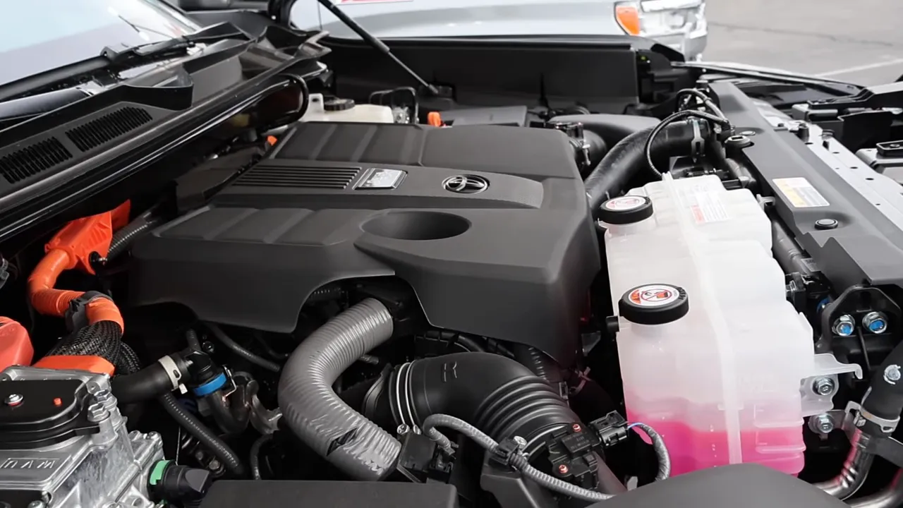 Toyota truck engine bay showing hybrid powertrain cover and orange high-voltage cables