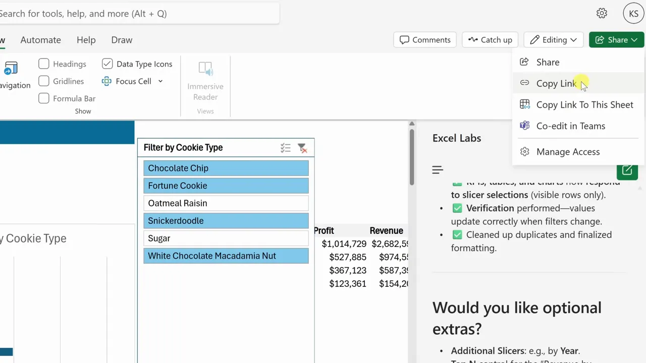 Share icon in the Excel web interface to share dashboard with others