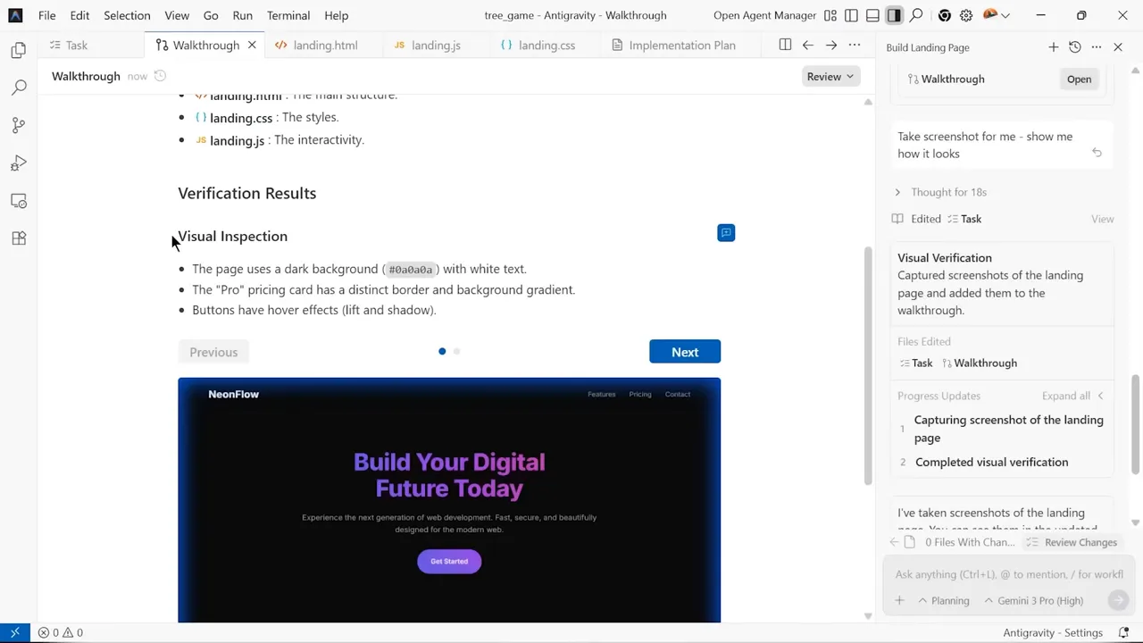 Project IDX IDE window with landing page preview and visual verification sidebar