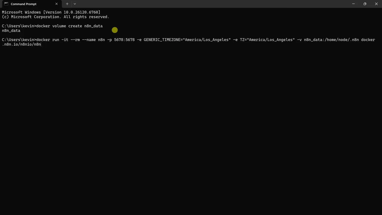 Command prompt showing Docker run command that launches n8n