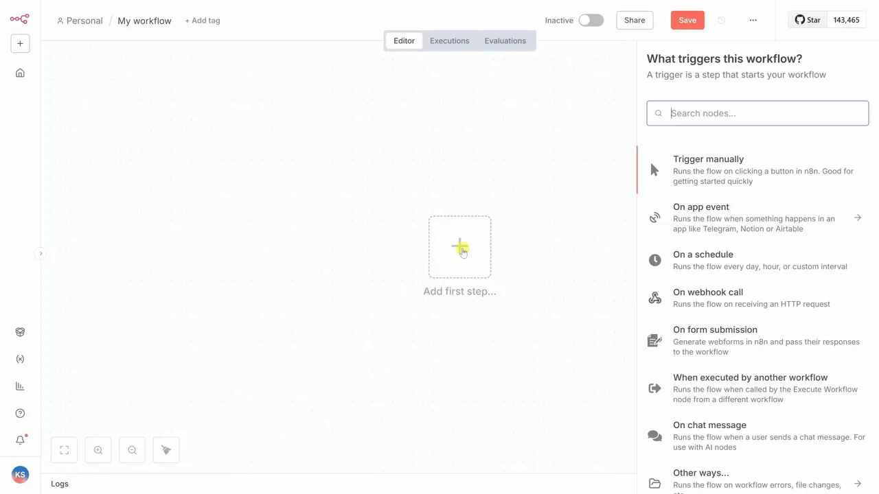 n8n workflow editor showing Create Workflow and node selection area