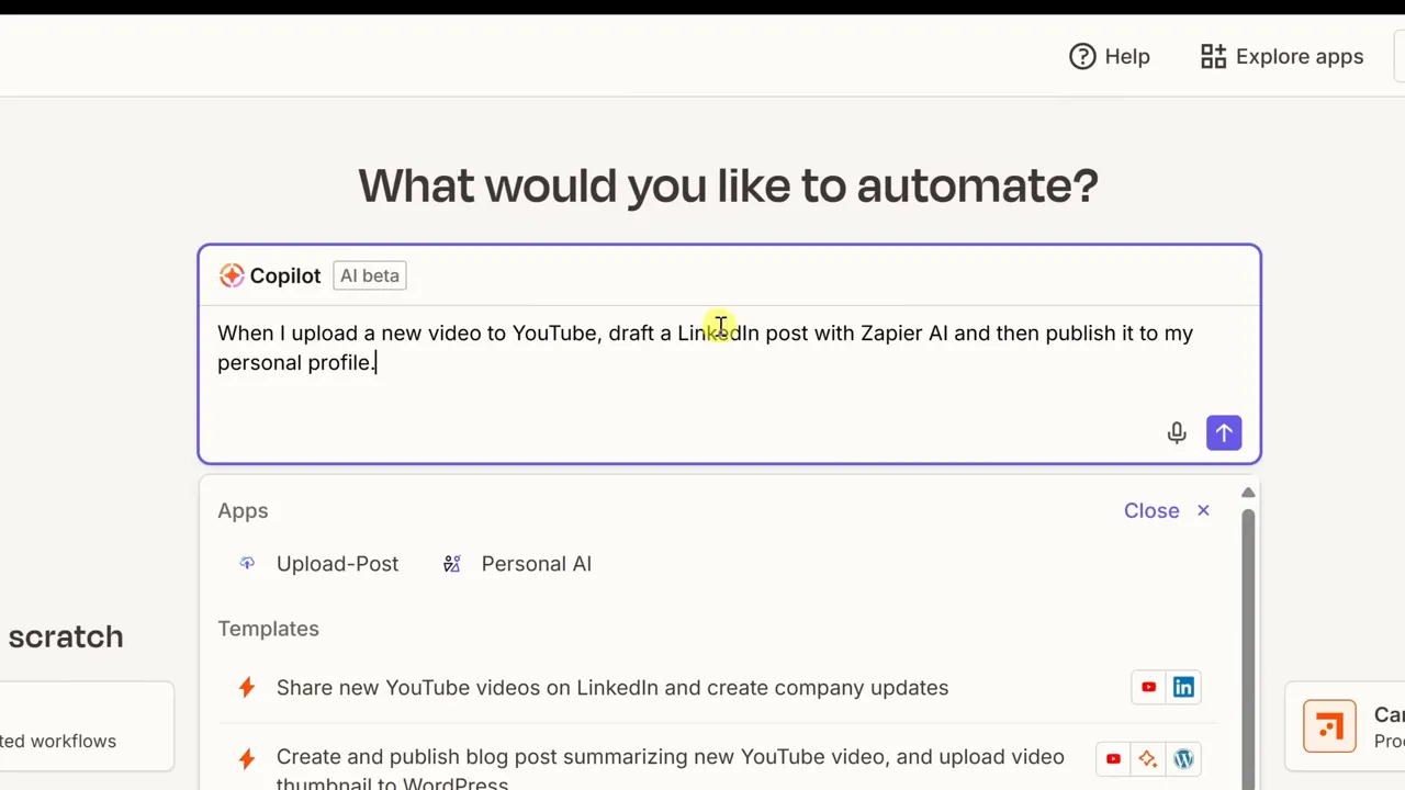 Zapier Copilot prompt box with text describing how to automate a LinkedIn post from a YouTube video