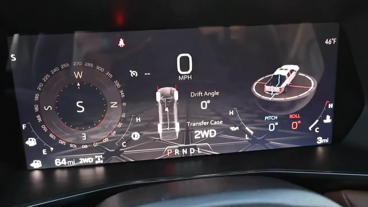 GMC Canyon digital instrument cluster with compass, transfer case reading (2WD) and pitch/roll readouts