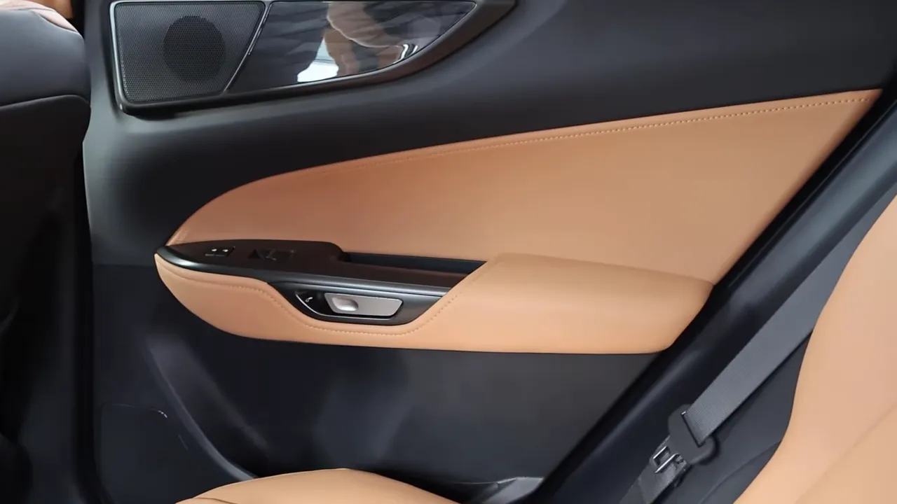 Rear door panel with tan leather, stitching, speaker and trim