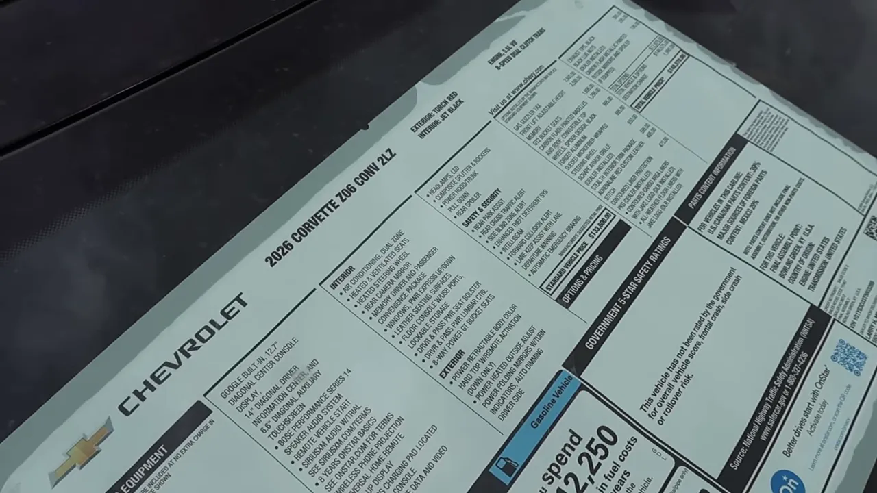 Close-up of the 2026 Corvette Z06 Monroney window sticker showing model, options and pricing details.