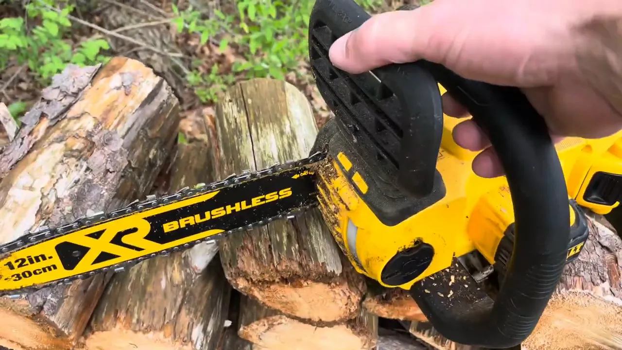 Person holding DeWalt cordless chainsaw with 12-inch brushless bar and front brush guard