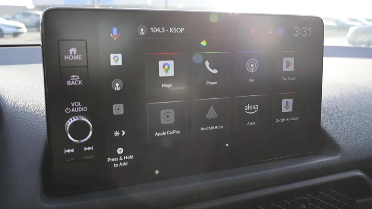 Honda Prelude infotainment home screen showing Maps, Phone, Apple CarPlay and Android Auto icons with physical buttons and volume knob