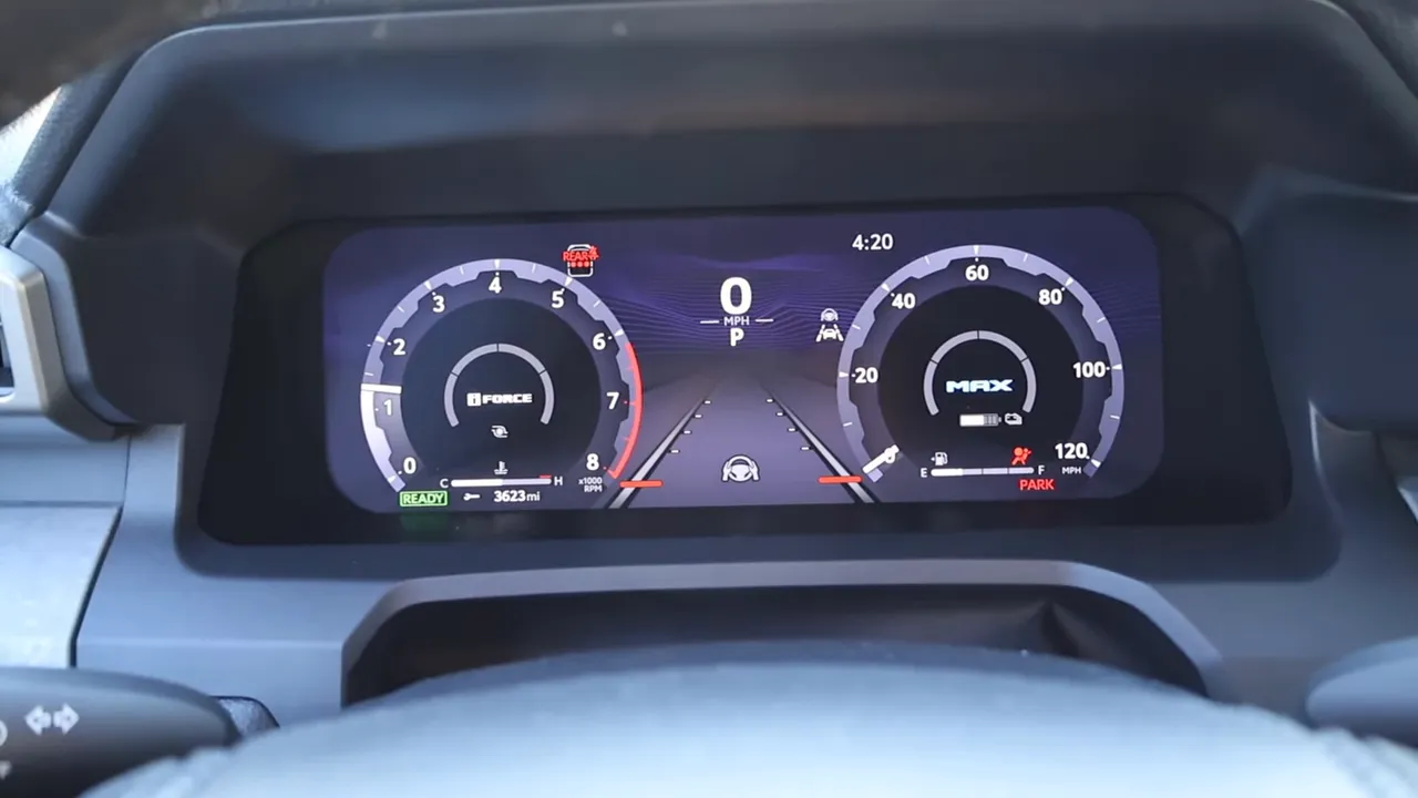 Clear view of a Toyota 4Runner Trailhunter digital instrument cluster with tachometer, speedometer and central driver display