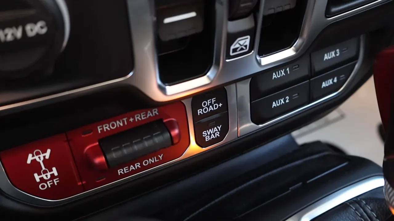 Clear close-up of Jeep interior controls showing front+rear diff selector, 'OFF ROAD+' and 'SWAY BAR' buttons and labeled AUX switches