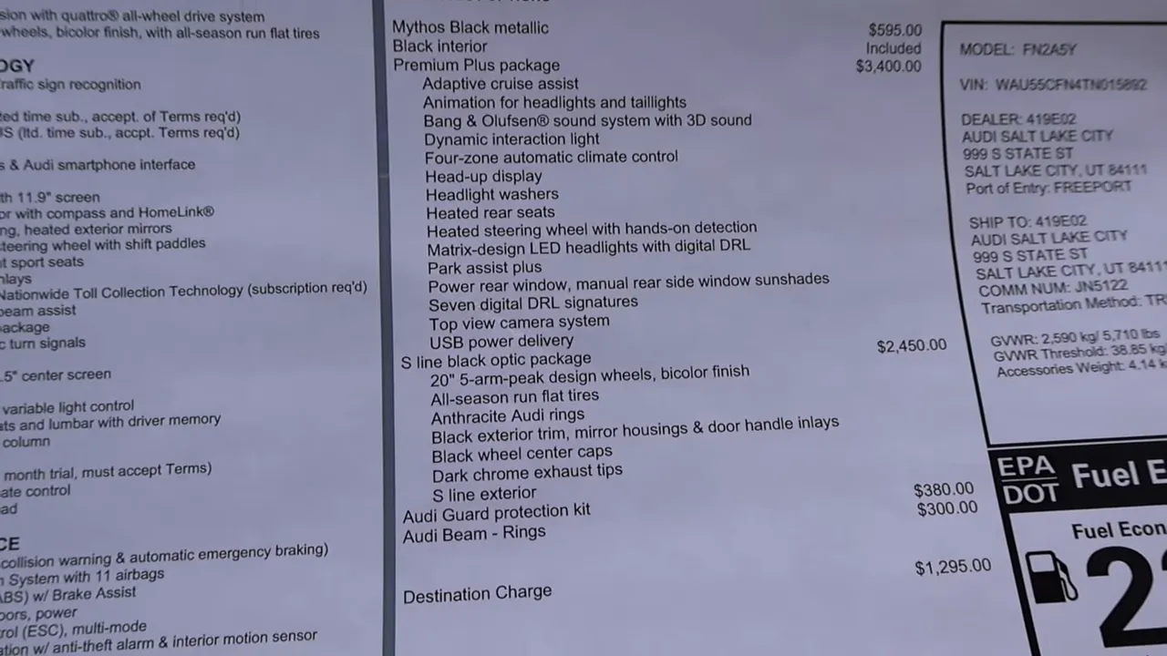 Close-up of the 2026 Audi A6 window sticker options column listing packages, option descriptions and prices