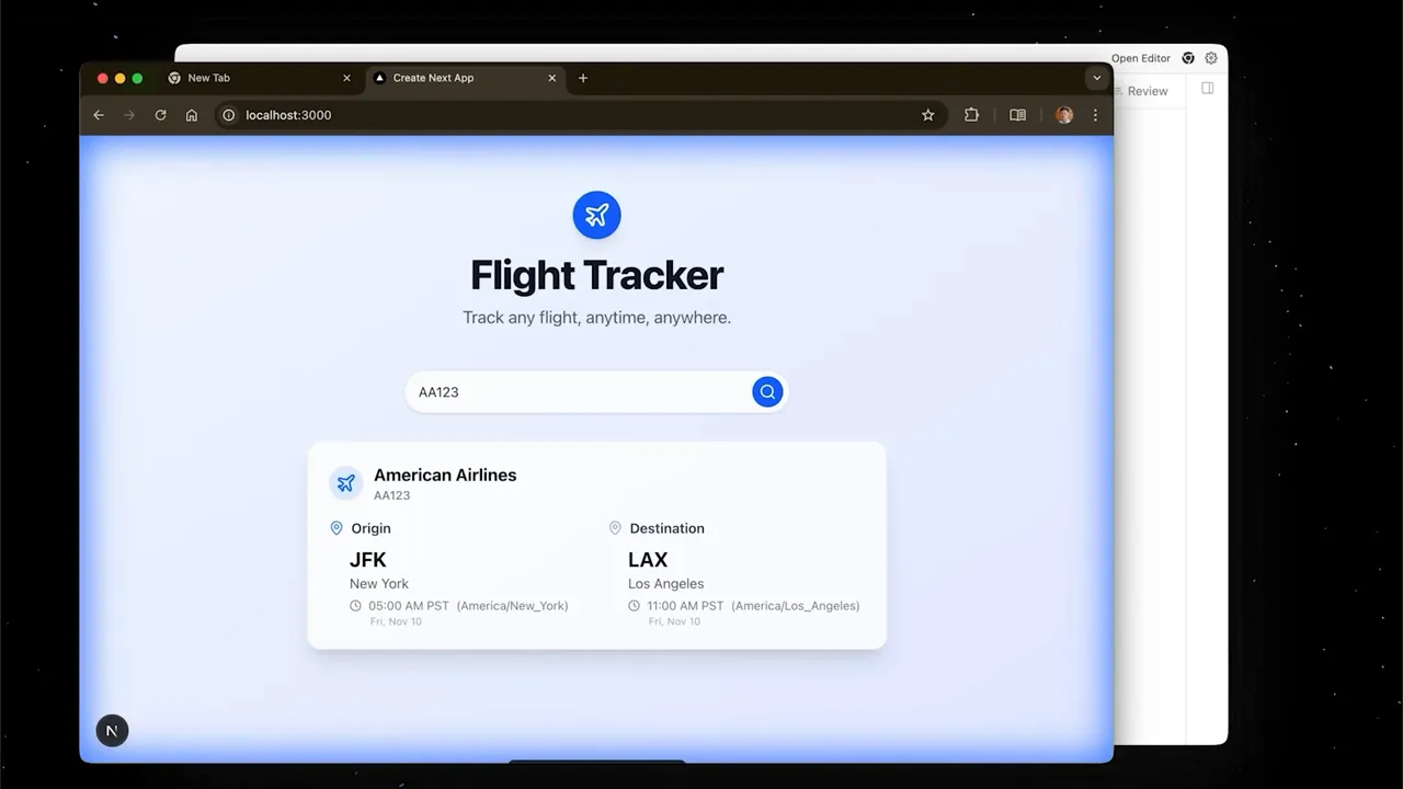 Flight Tracker app UI showing search input and a result card for American Airlines flight AA123 with origin JFK and destination LAX