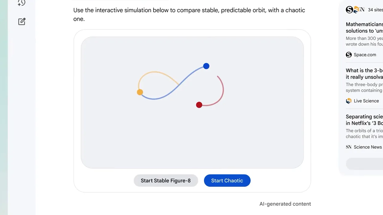Three-body interactive simulation with colored orbit trajectories and Start Chaotic button highlighted