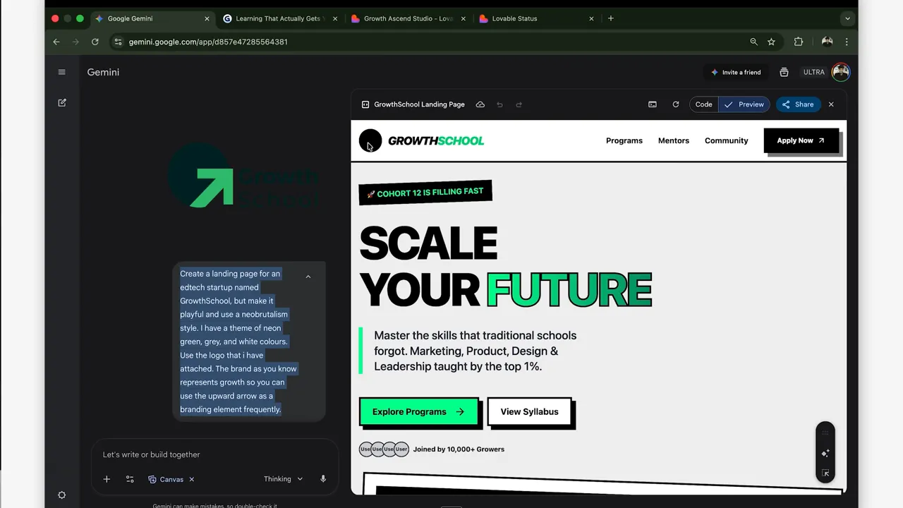Gemini workspace showing the prompt text highlighted on the left and a generated GrowthSchool landing-page preview on the right