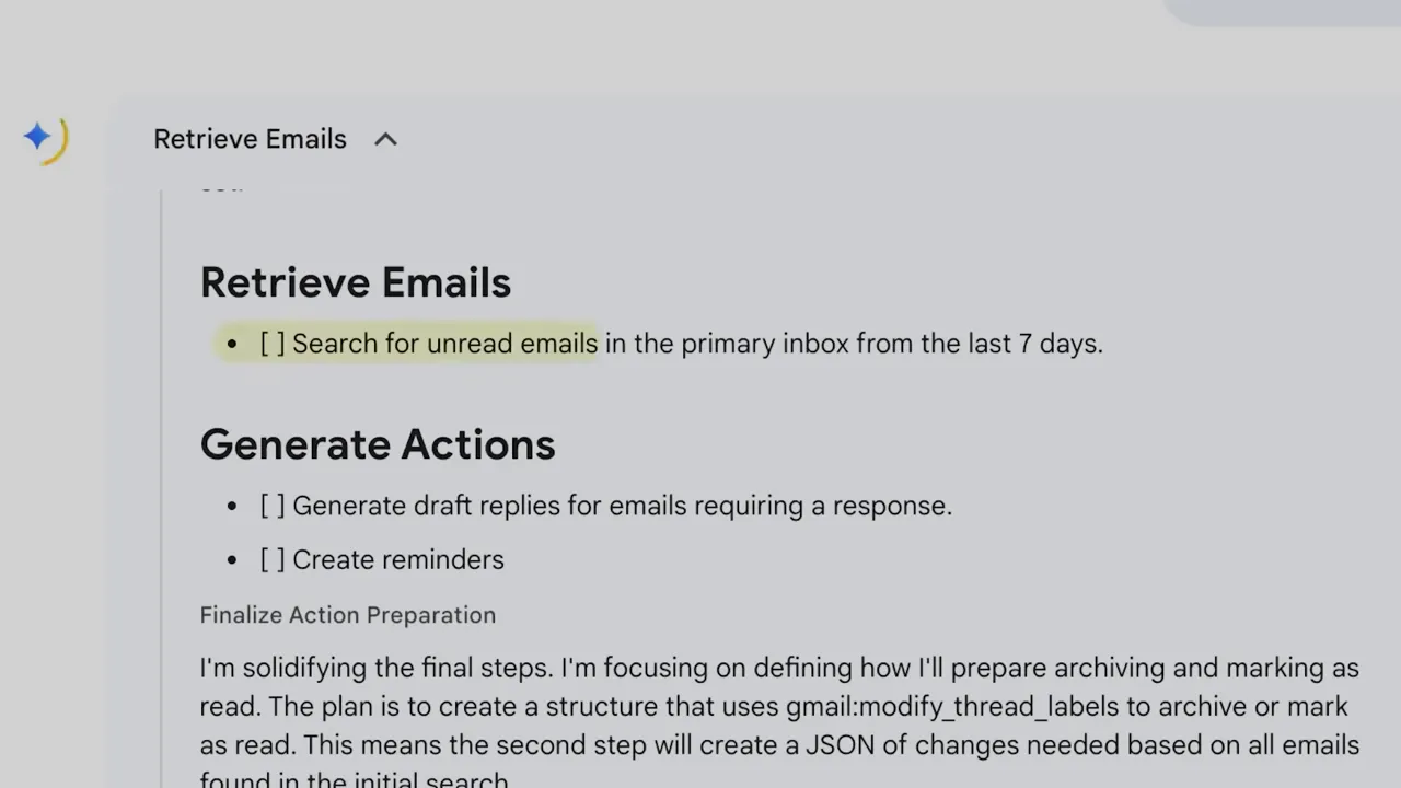 Agent Mode UI showing a 'Retrieve Emails' header and a 'Generate Actions' checklist including 'Search for unread emails' and 'Generate draft replies'.