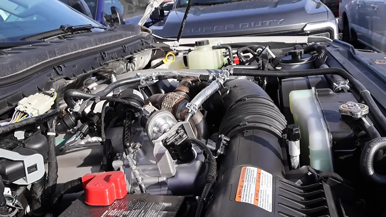 Clear front-facing view of the Ford F-350 6.7L turbo diesel engine bay with coolant reservoir, intake and turbo components.