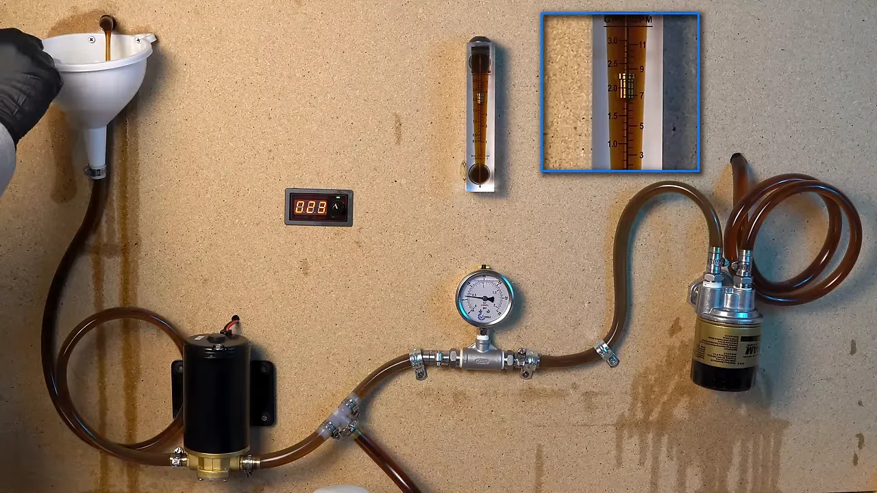 Wide view of the oil flow test bench showing mounted oil filter, pressure gauge, hoses and an inset close-up of the flowmeter used to read L/min.