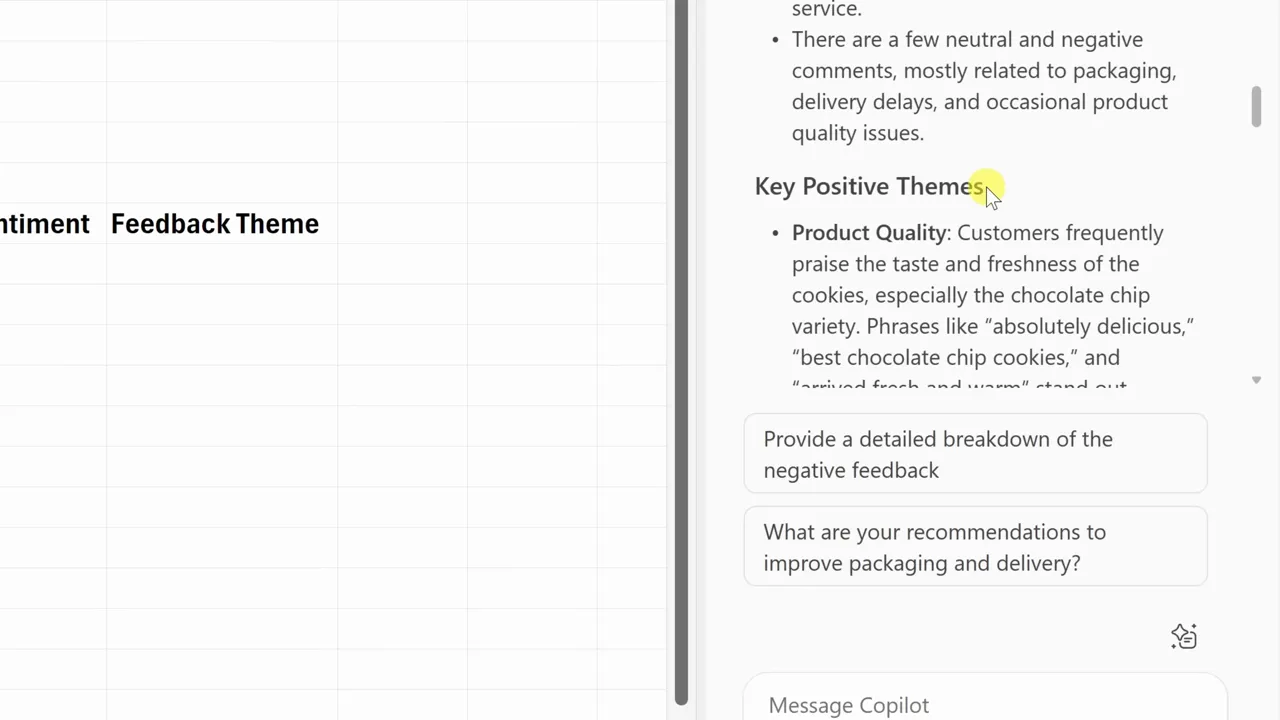 Copilot summary showing overall sentiment and themes