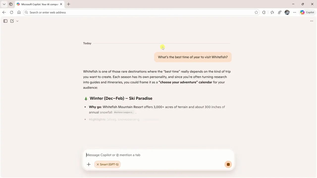 Copilot new tab search switching into chat mode to answer a question