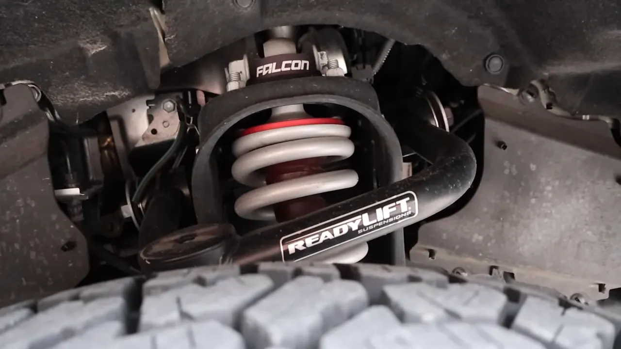 ReadyLift suspension coil and Falcon shock close-up on Tacoma