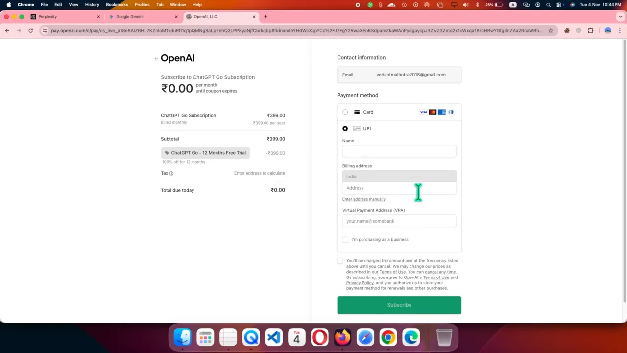Checkout page showing UPI and card payment options for ChatGPT Go