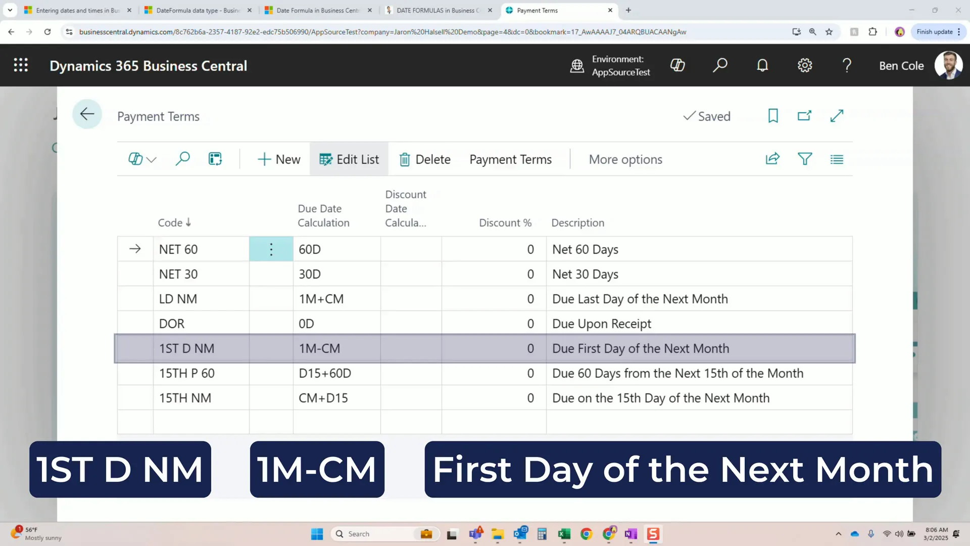 First day of the next month example