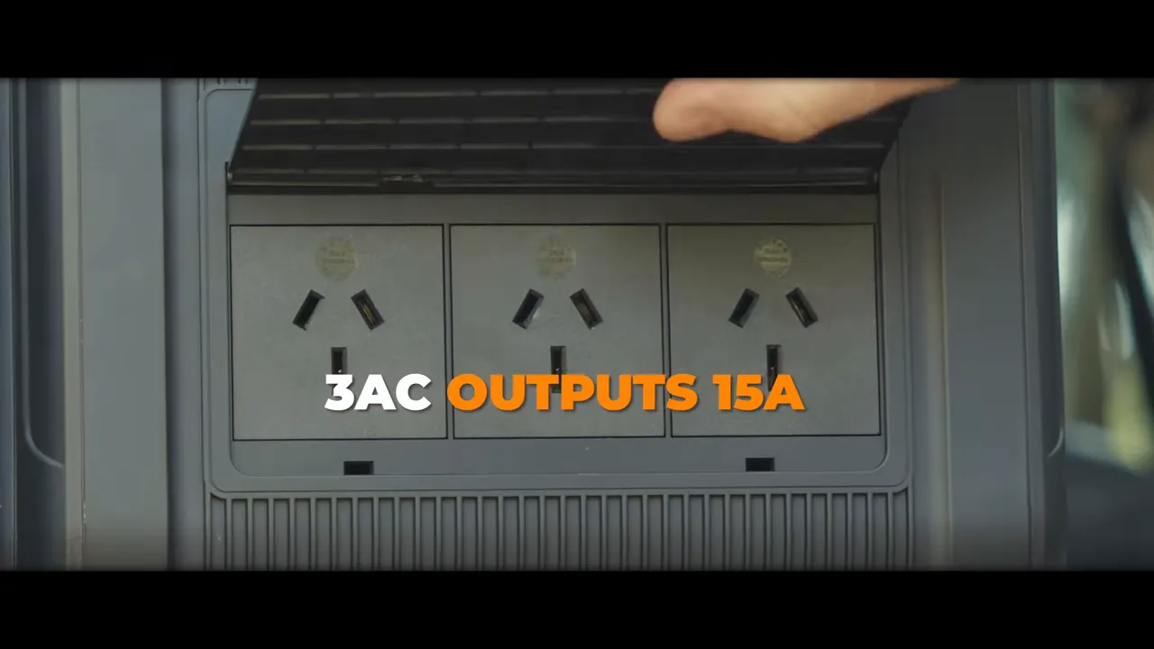 Close-up of three Australian AC power outlets inside the power station front panel