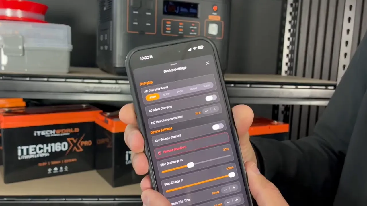 Phone displaying power station settings with charging and timer options