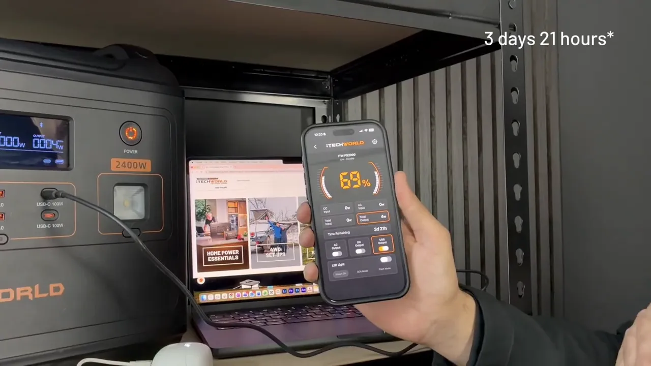 Phone showing power station battery percentage and remaining runtime estimate beside a connected power station