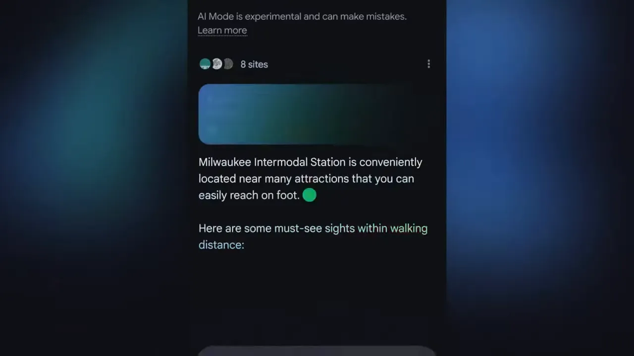 Giao diện Google AI Mode hiển thị câu hỏi về địa điểm gần ga tàu và các gợi ý