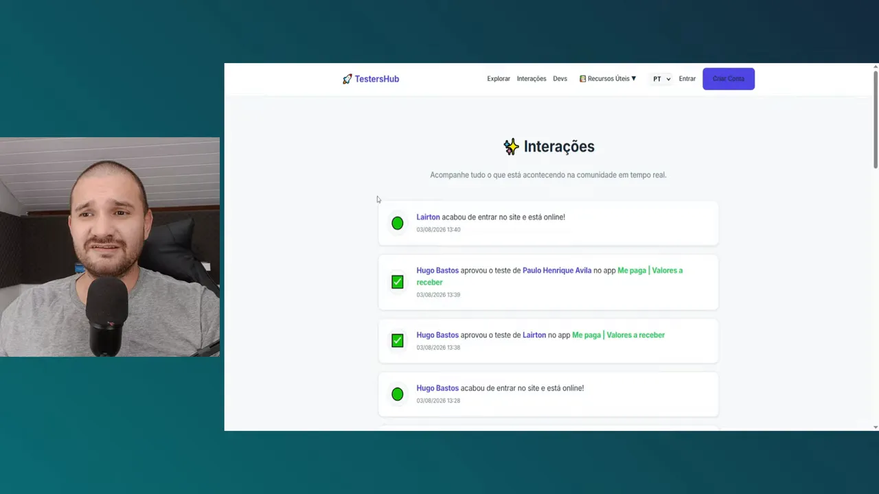 Aba Interações com lista de atividades recentes da comunidade