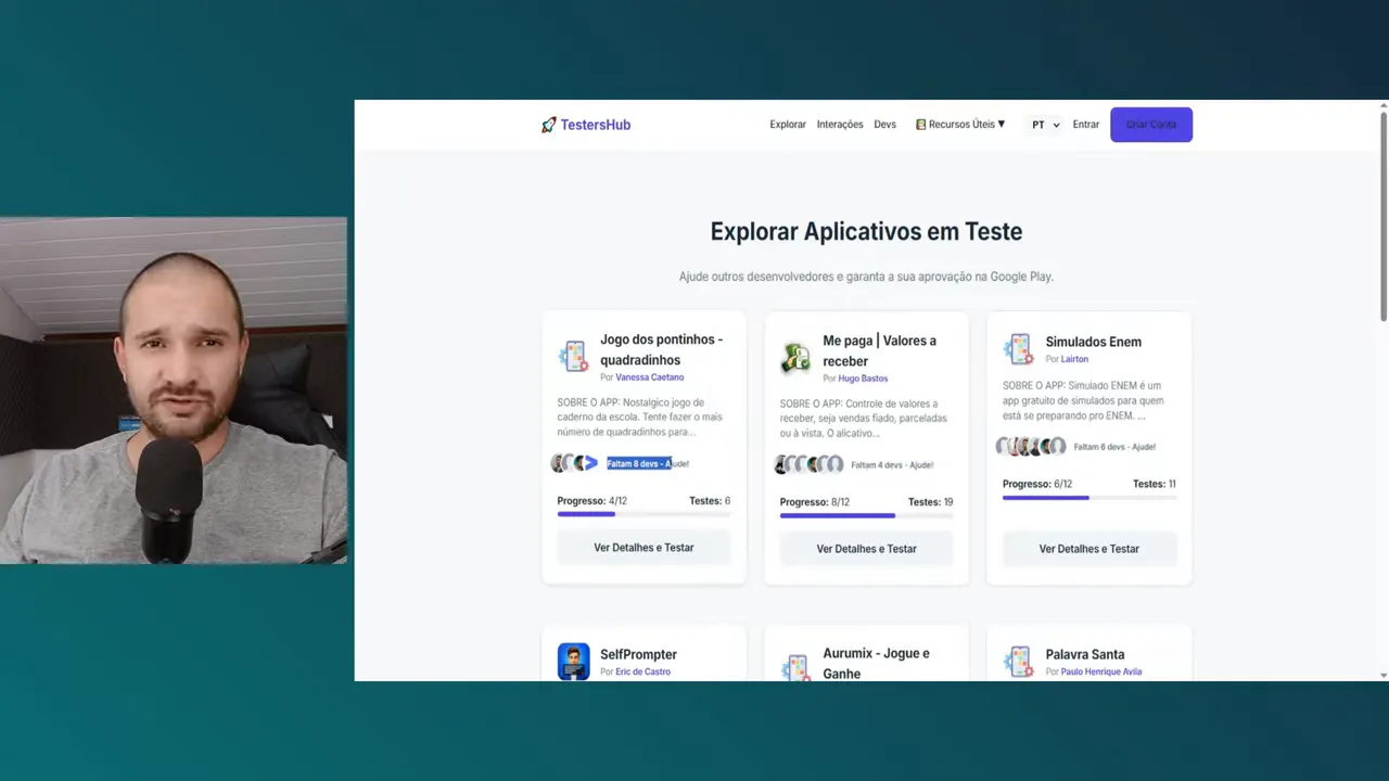 Página Explorar Aplicativos em Teste com cards de aplicativos e indicadores