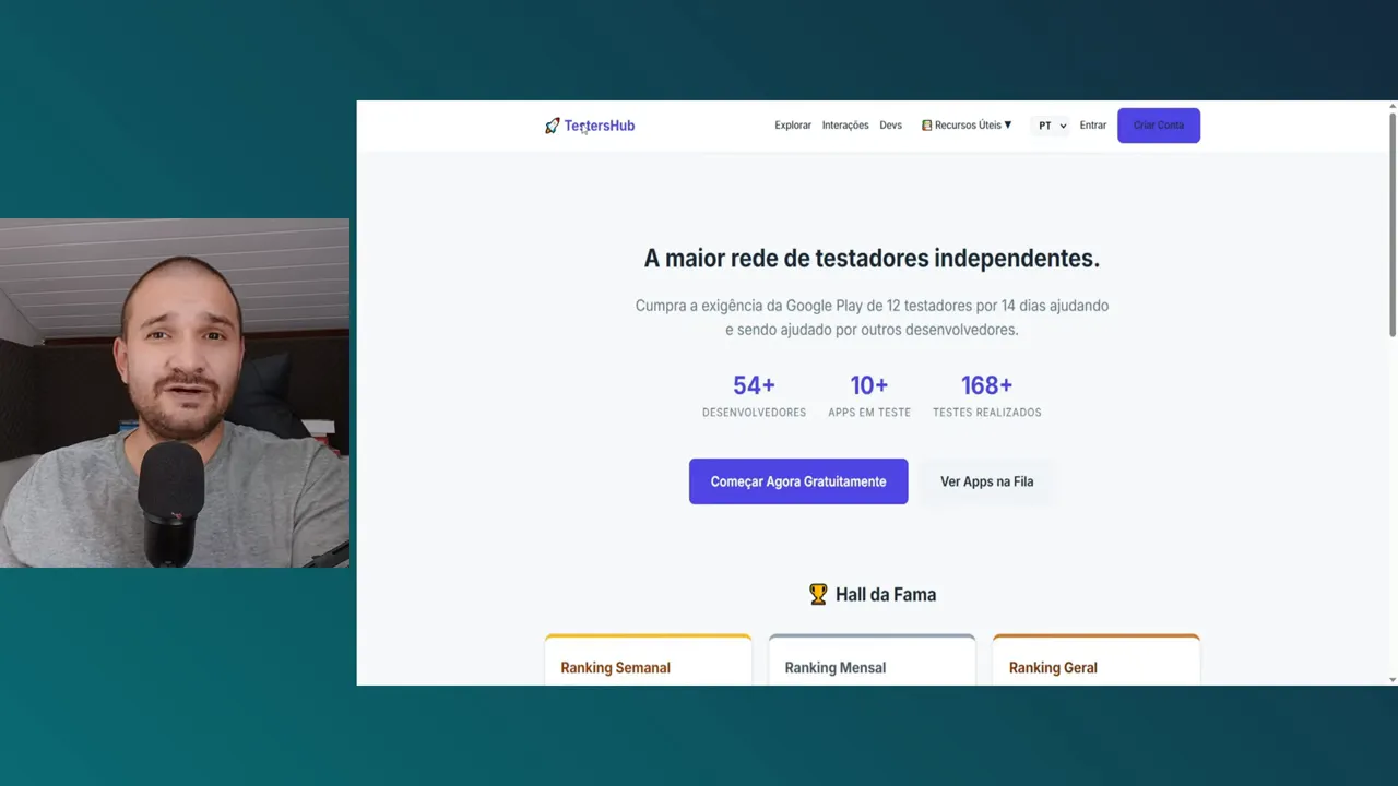 Página inicial da testers.so play com estatísticas da comunidade