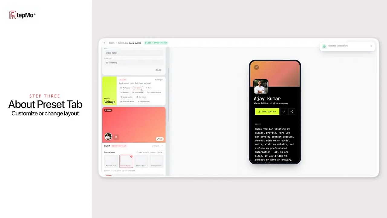 TapMo editor showing color swatches alongside a digital card preview