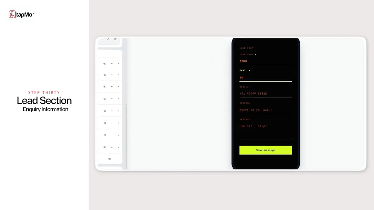 Phone preview showing a dark lead form with several fields and a bright send button