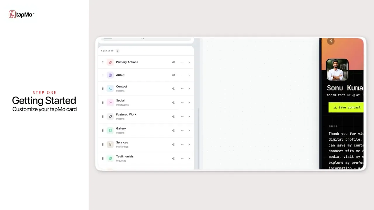 TapMo editor with a list of profile sections beside a phone-shaped card preview
