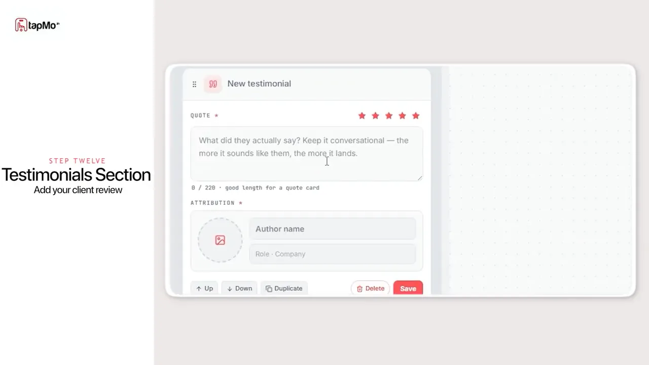 TapMo testimonial form with a quote field, star rating, and client detail fields