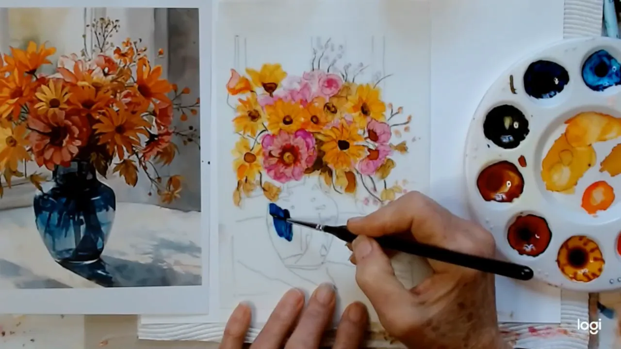 artist applying blue paint to the vase area of a sketched floral composition with paint palette visible