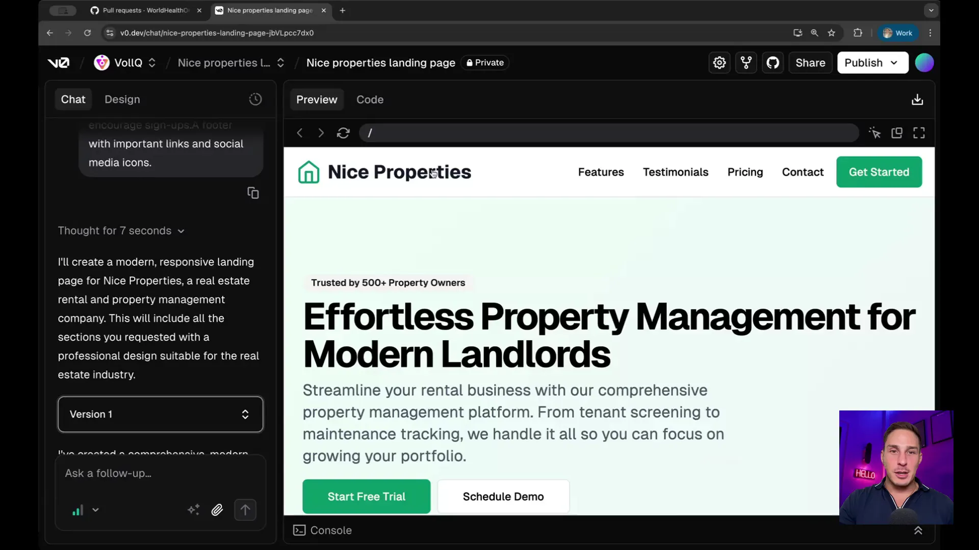 Initial landing page design for Nice Properties in Vercel v0