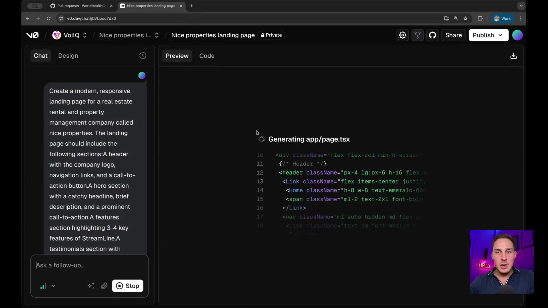 Vercel v0 generating landing page with live preview and code