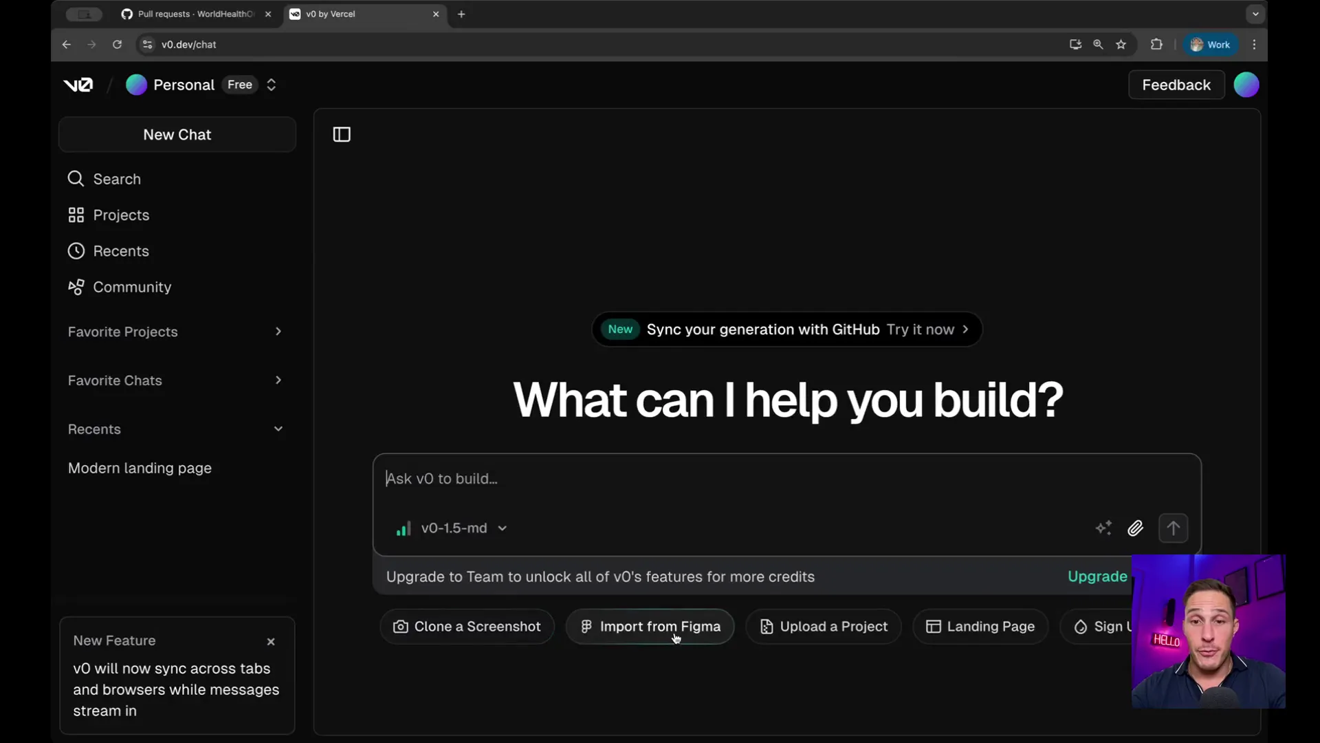 Vercel v0 chat window with quick start options